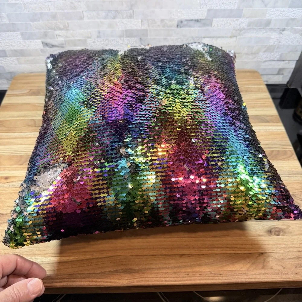 Rainbow Mermaid Flip Sequin Throw Pillow Reversible Silver Black‎ Accent Cushion